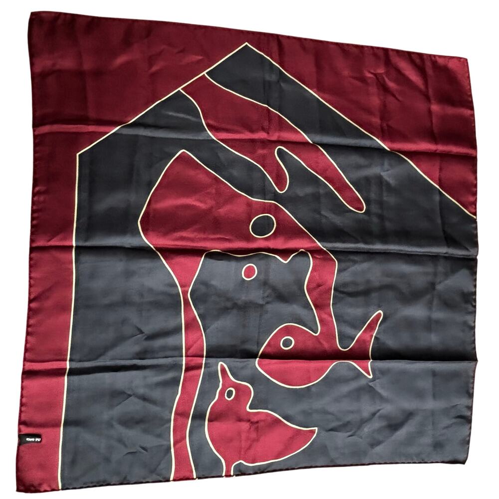 Vintage silk scarf burgundy black cream tagged pure silk hand rolled